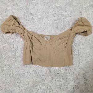 Elegant Tan Puff Sleeve Crop Top